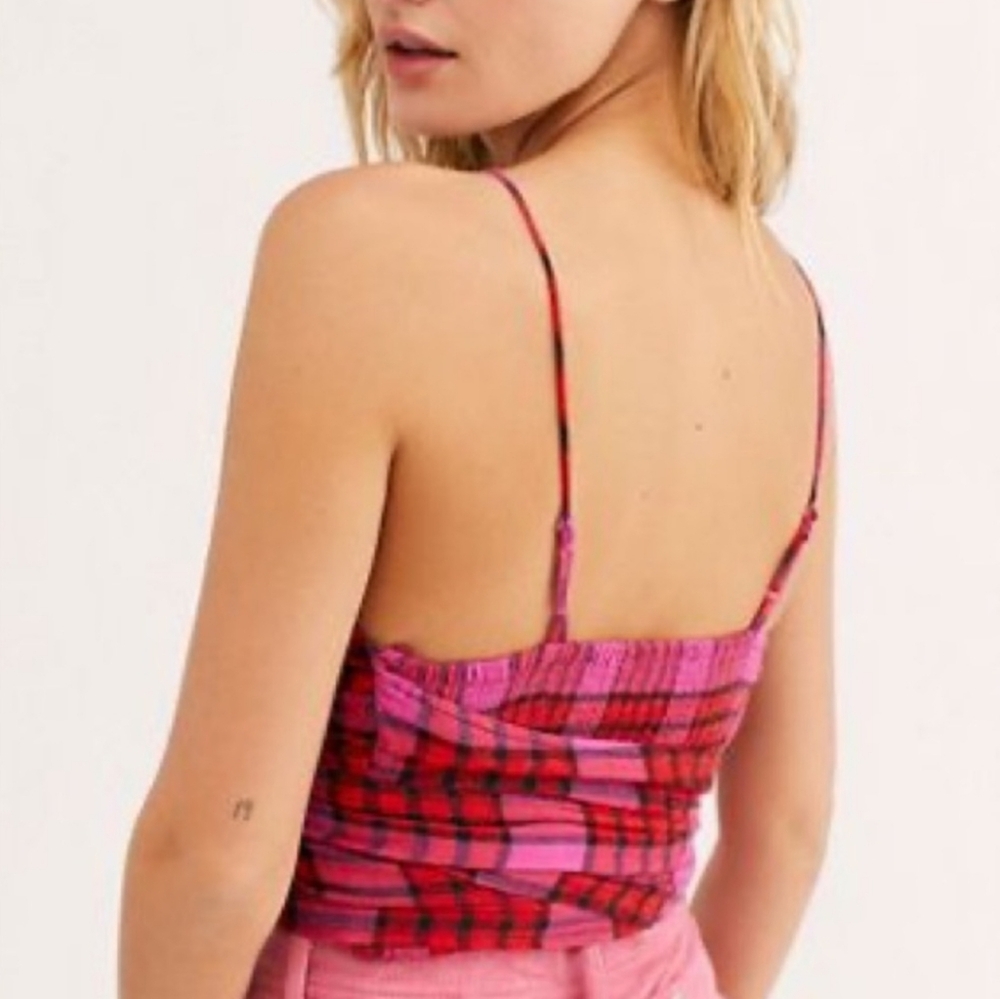 Free People Real Love Plaid Pink and Red Women's Strappy Wrap Top - Picture 2 of 6